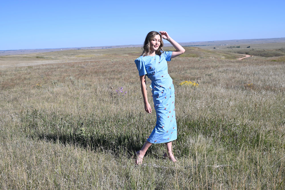 Blue Poppy Beaded Short Sleeve Top