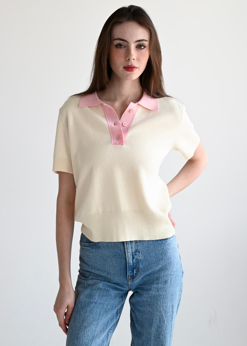 Henley Sweater Cream & Pink