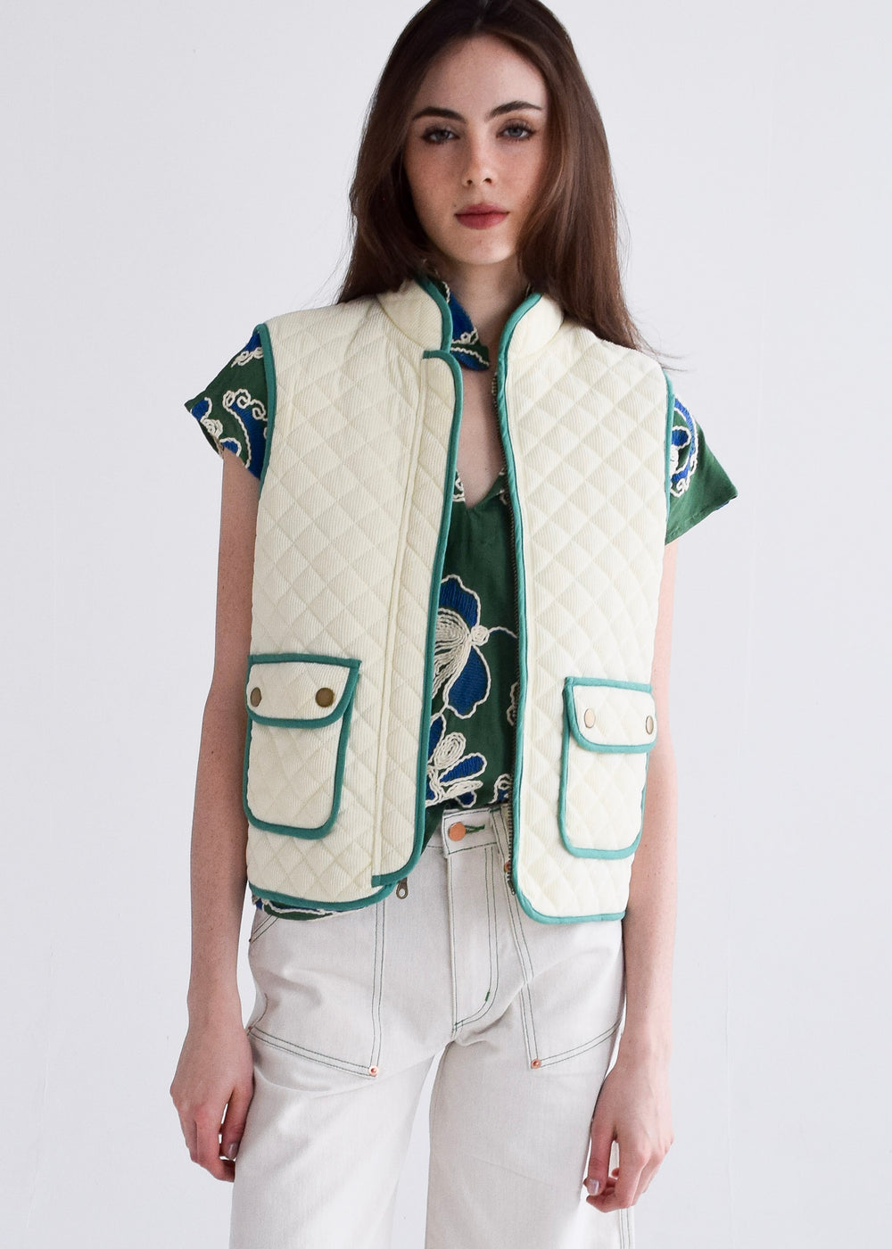 Quilted Bomber Vest Ivory Quilted