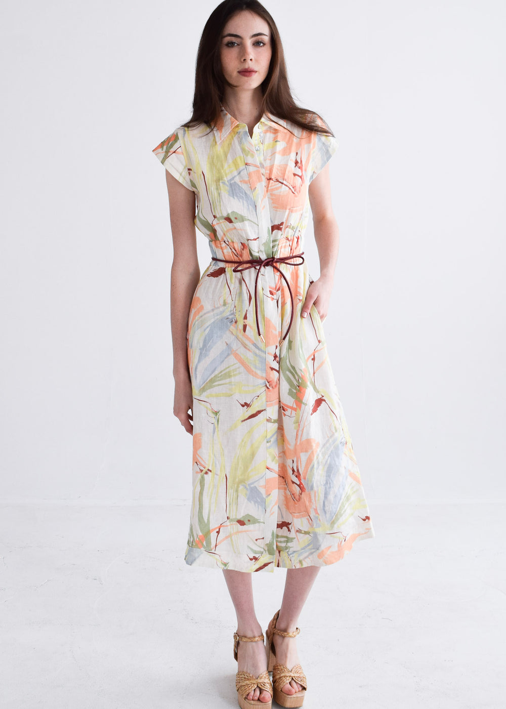 Epaulet Shirt Dress Peach Watercolor