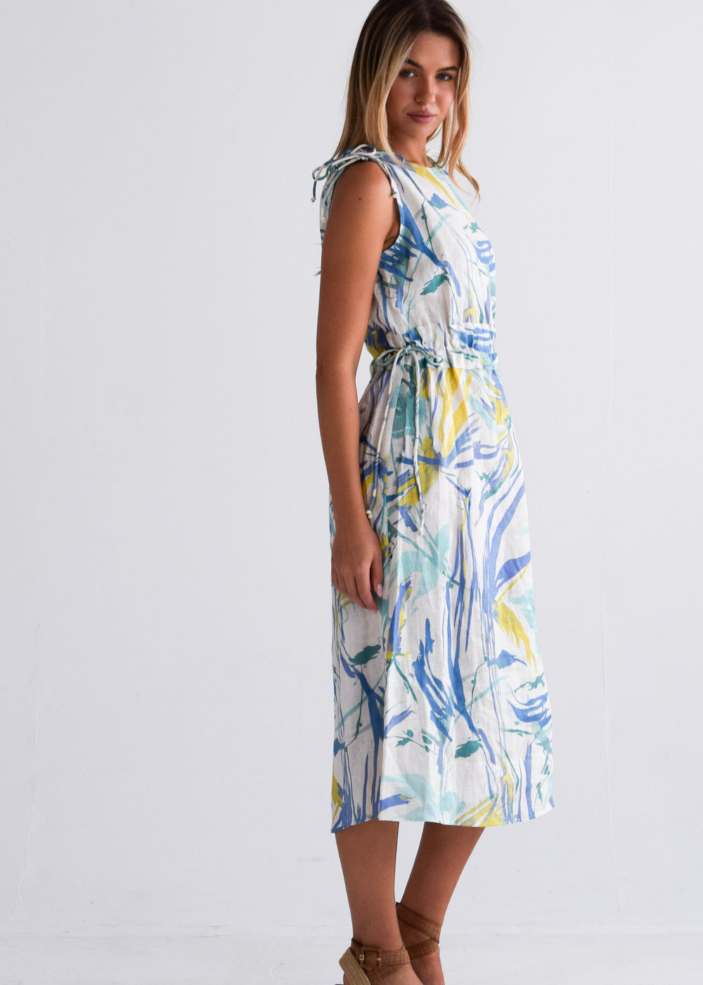 Cinch Waist Dress Aquamarine Watercolor