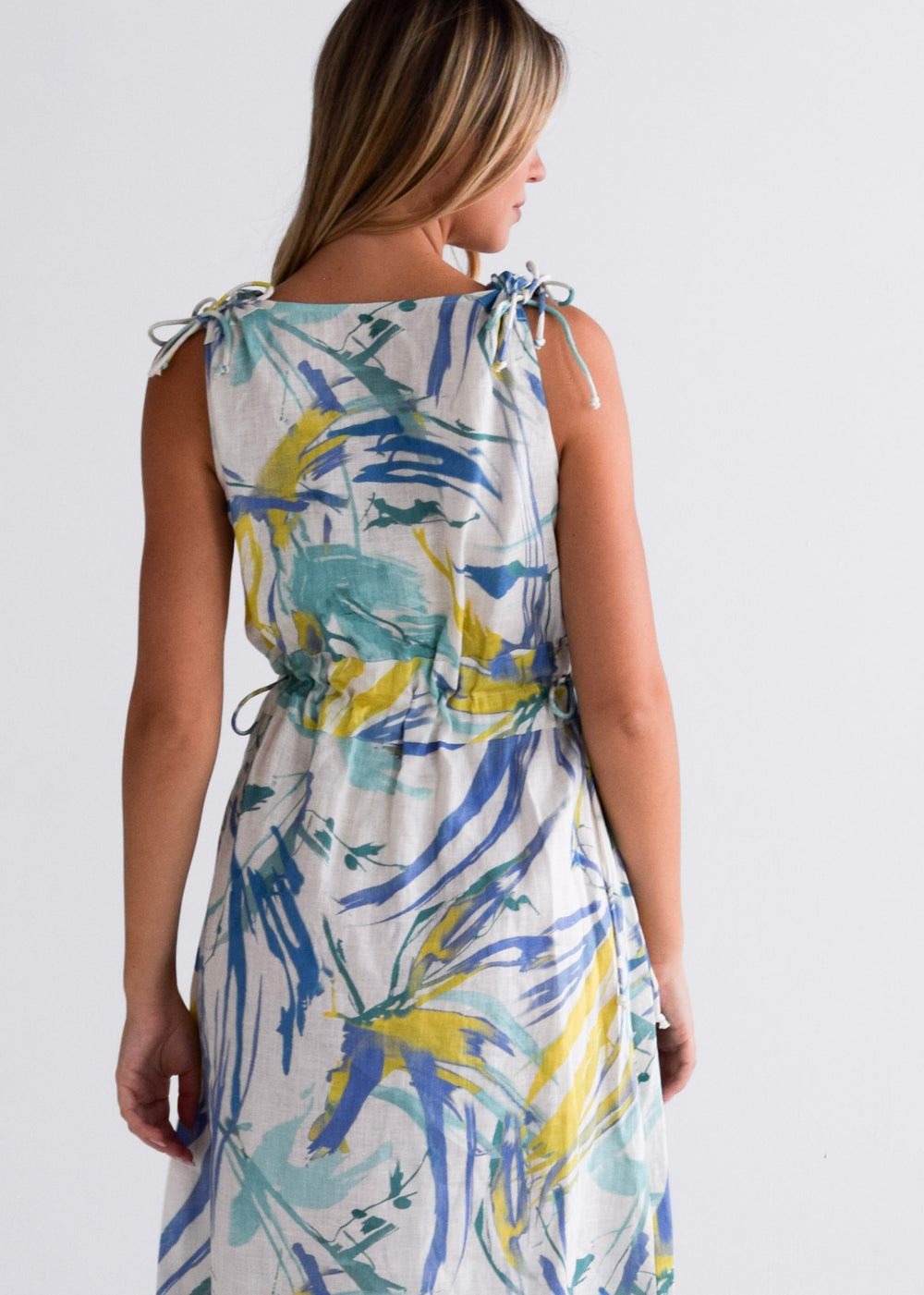 Cinch Waist Dress Aquamarine Watercolor