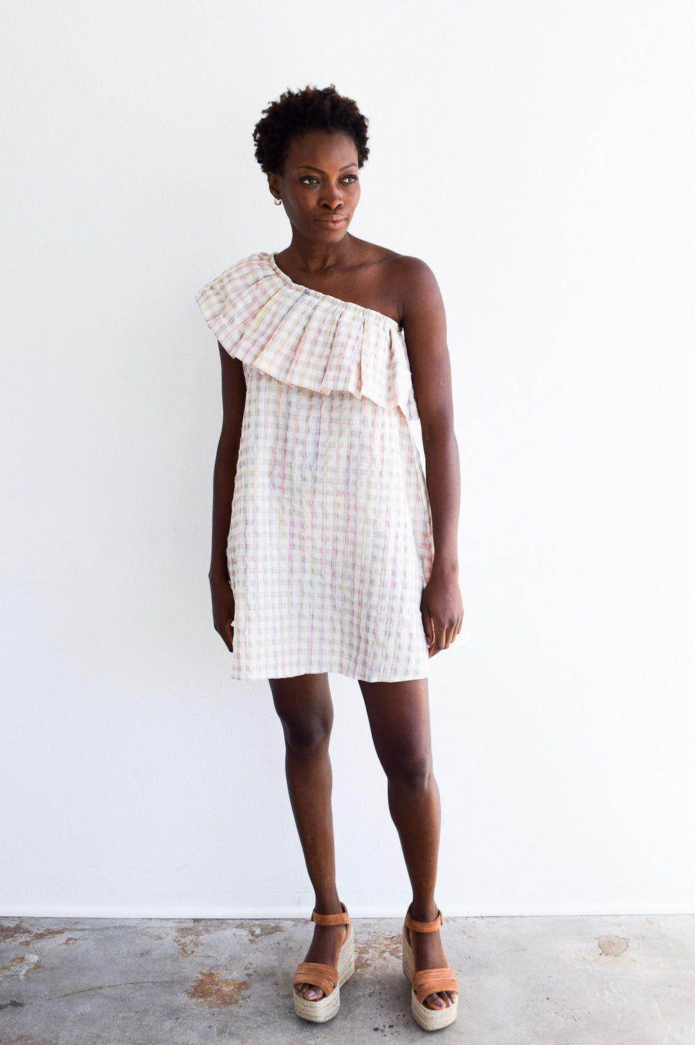 One Shoulder Short Dress Neon Plaid