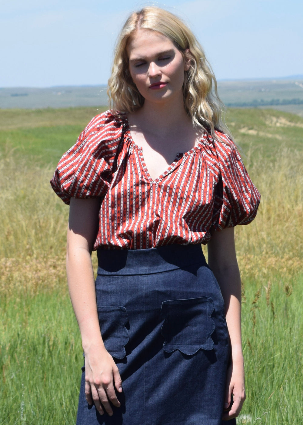 Gathered V Neck Top Rust Beetle Stripe