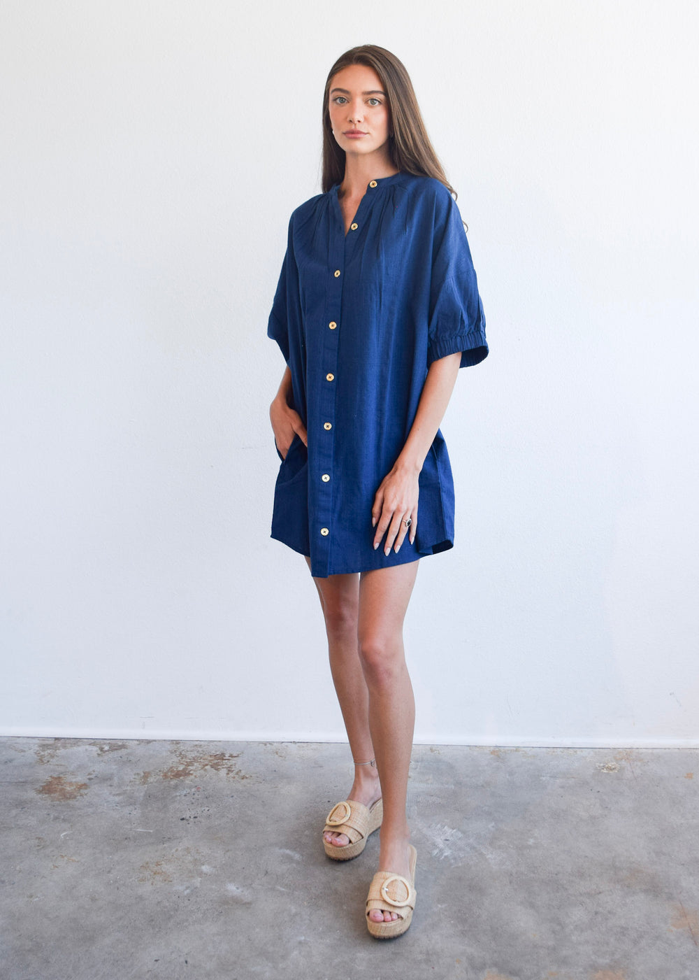 Elastic Sleeve Dress Navy Woven