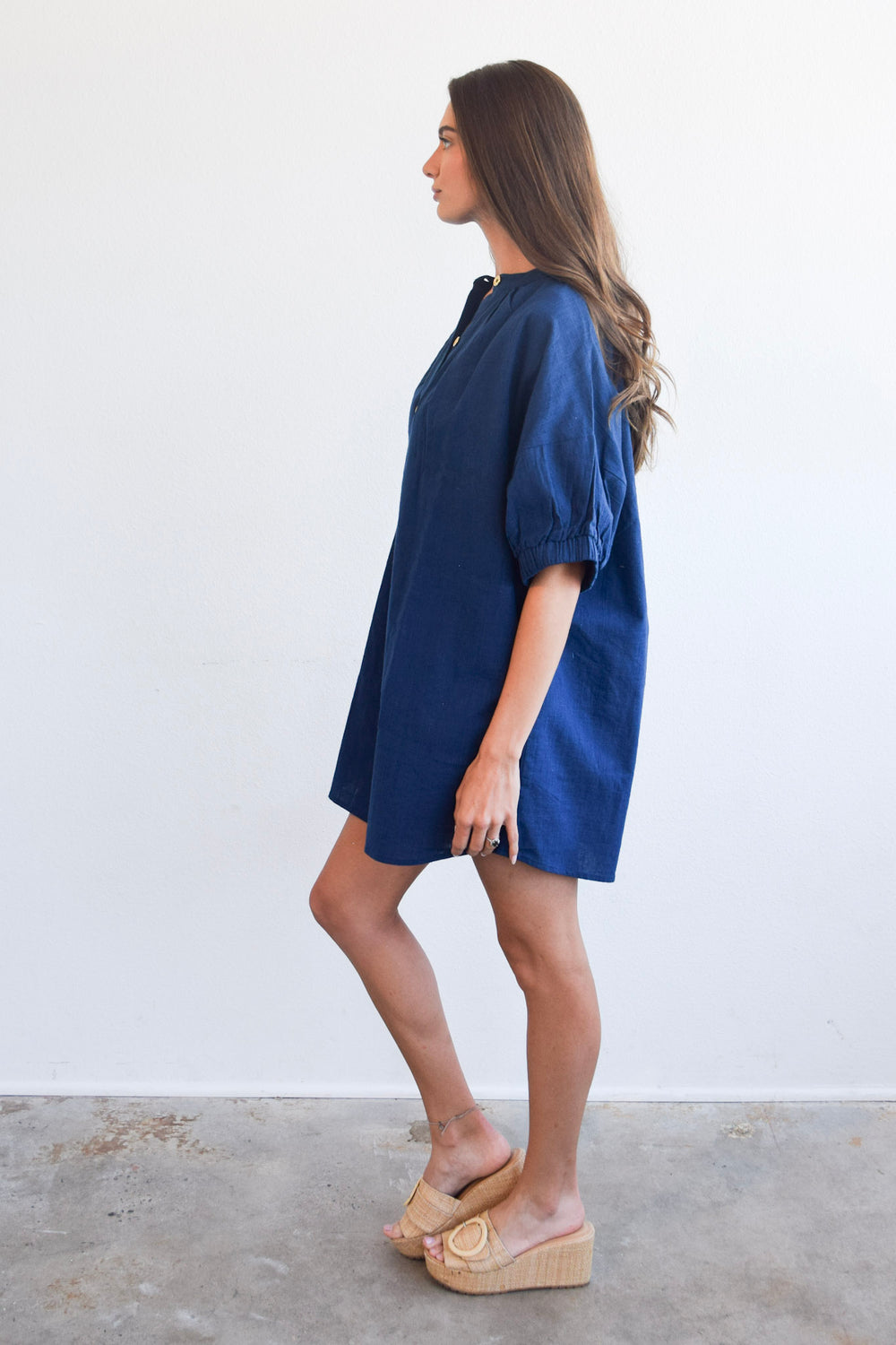 Elastic Sleeve Dress Navy Woven