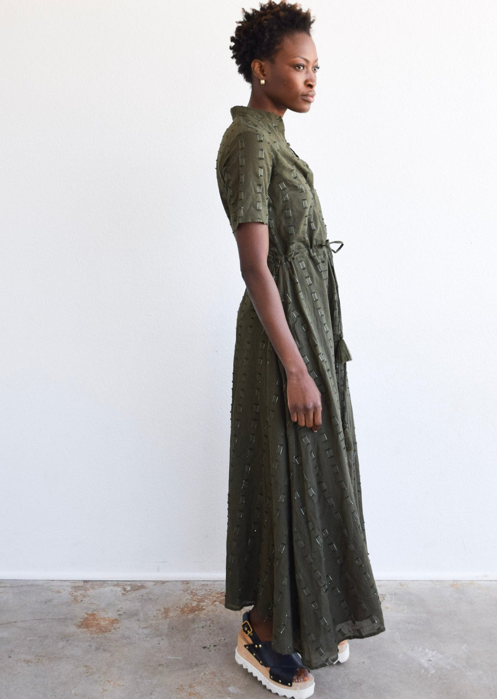 olive green short sleeved maxi dress