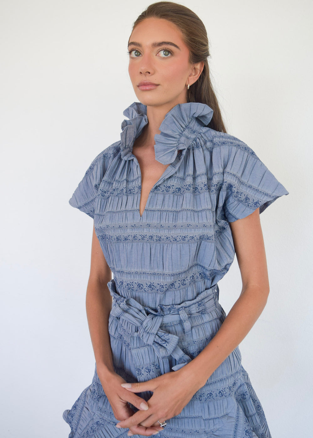 Vicki Short Sleeve Top Blue Floral Jacquard
