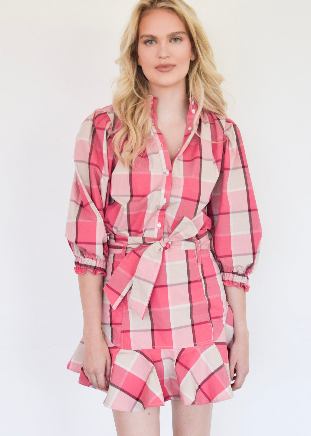 Elastic Collar Top Pink Plaid