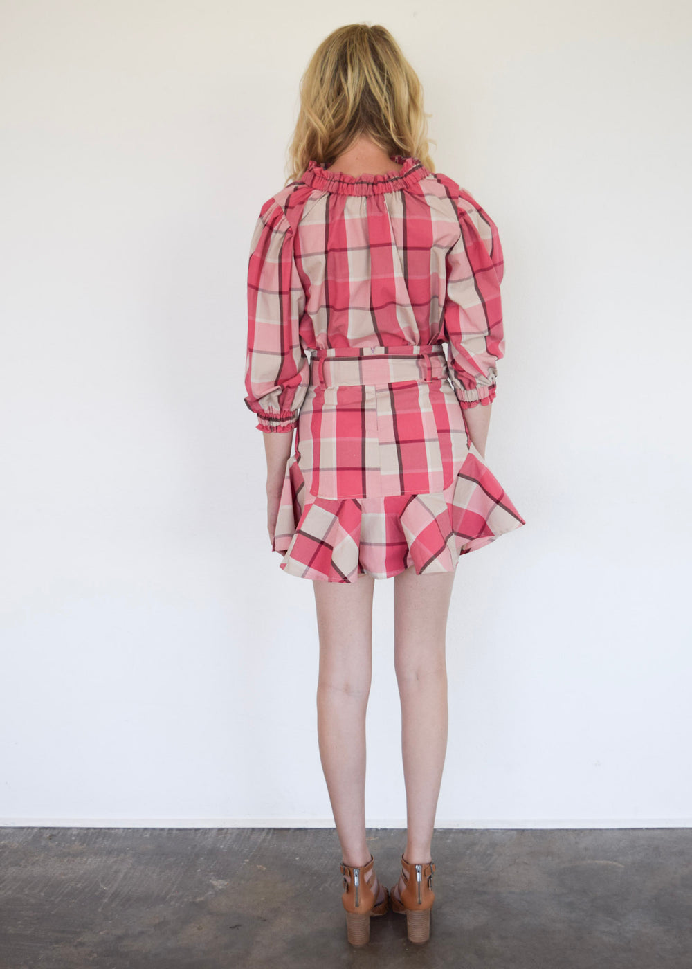 Elastic Collar Top Pink Plaid