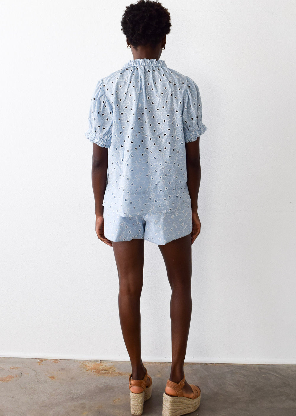 Elastic Collar Short Sleeve Top Blue Eyelet