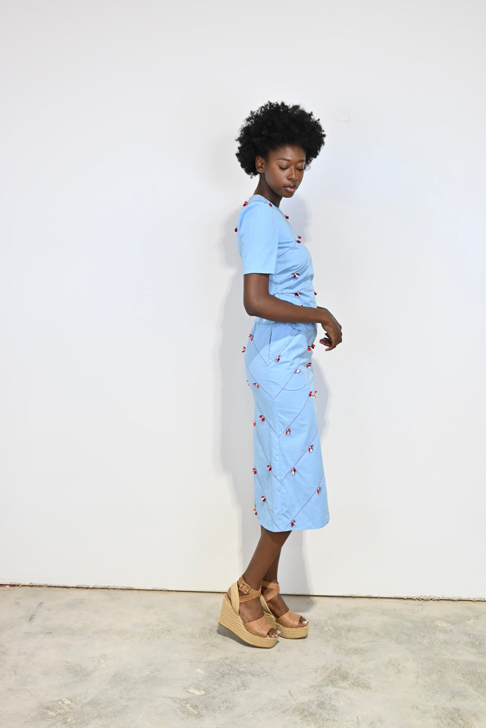 Blue Poppy Beaded Short Sleeve Top