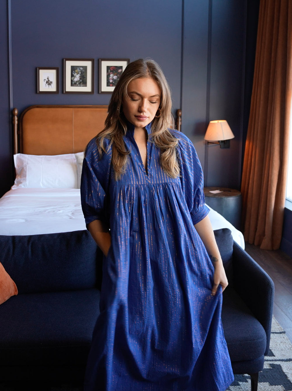 High Neck Midi Dress Cobalt Pin Stripe