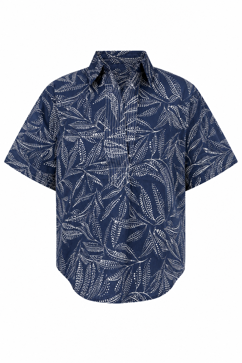 Split Neck Top Navy Leaf