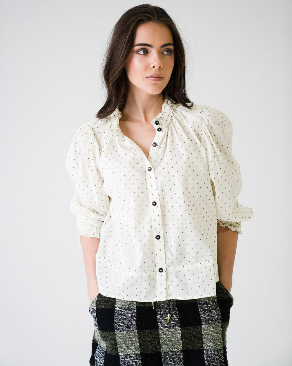 Elastic Collar Top Ivory Swiss Dot