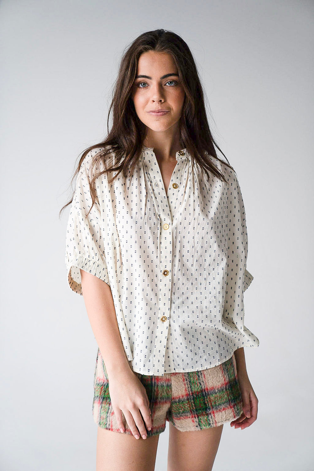 Elastic Sleeve Top Ivory Swiss Dot