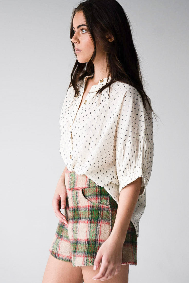 Elastic Sleeve Top Ivory Swiss Dot