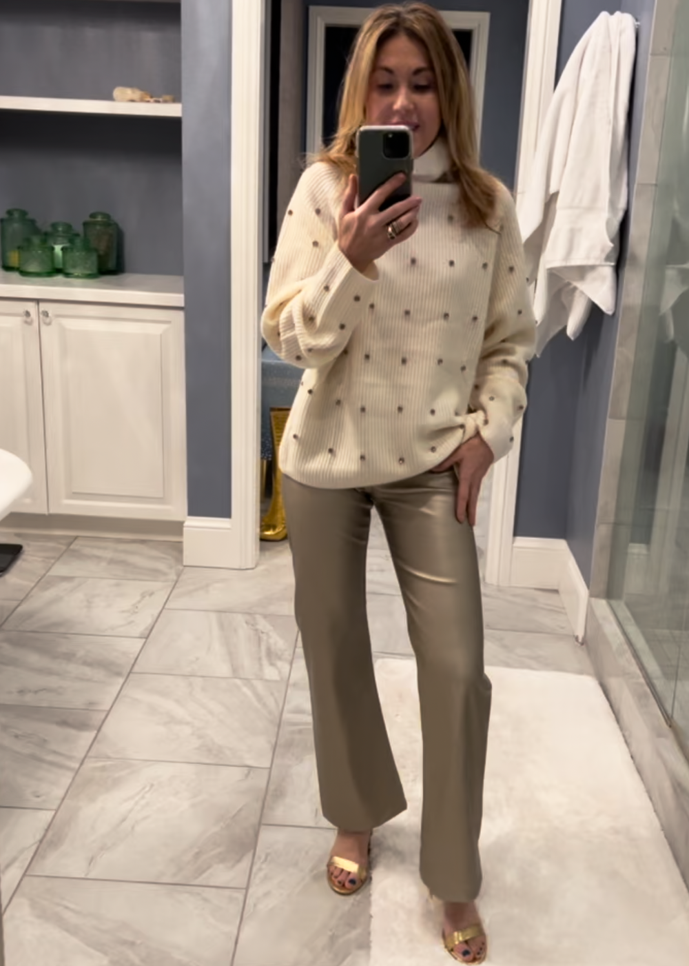 Elastic Waist Pants Gold Faux Leather