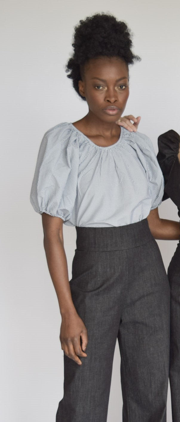 Gathered Neck Top Black & White Check