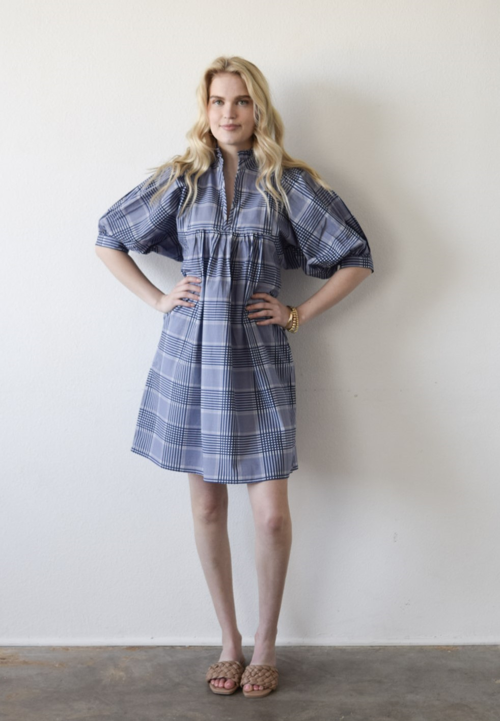 High Neck Dress Navy Cotton Plaid