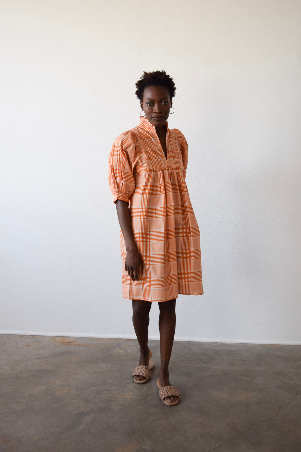 High Neck Dress Burnt Orange Cotton Plaid