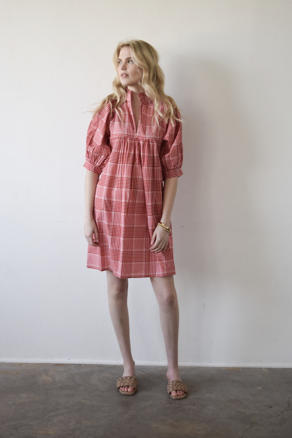 High Neck Dress Red Cotton Plaid