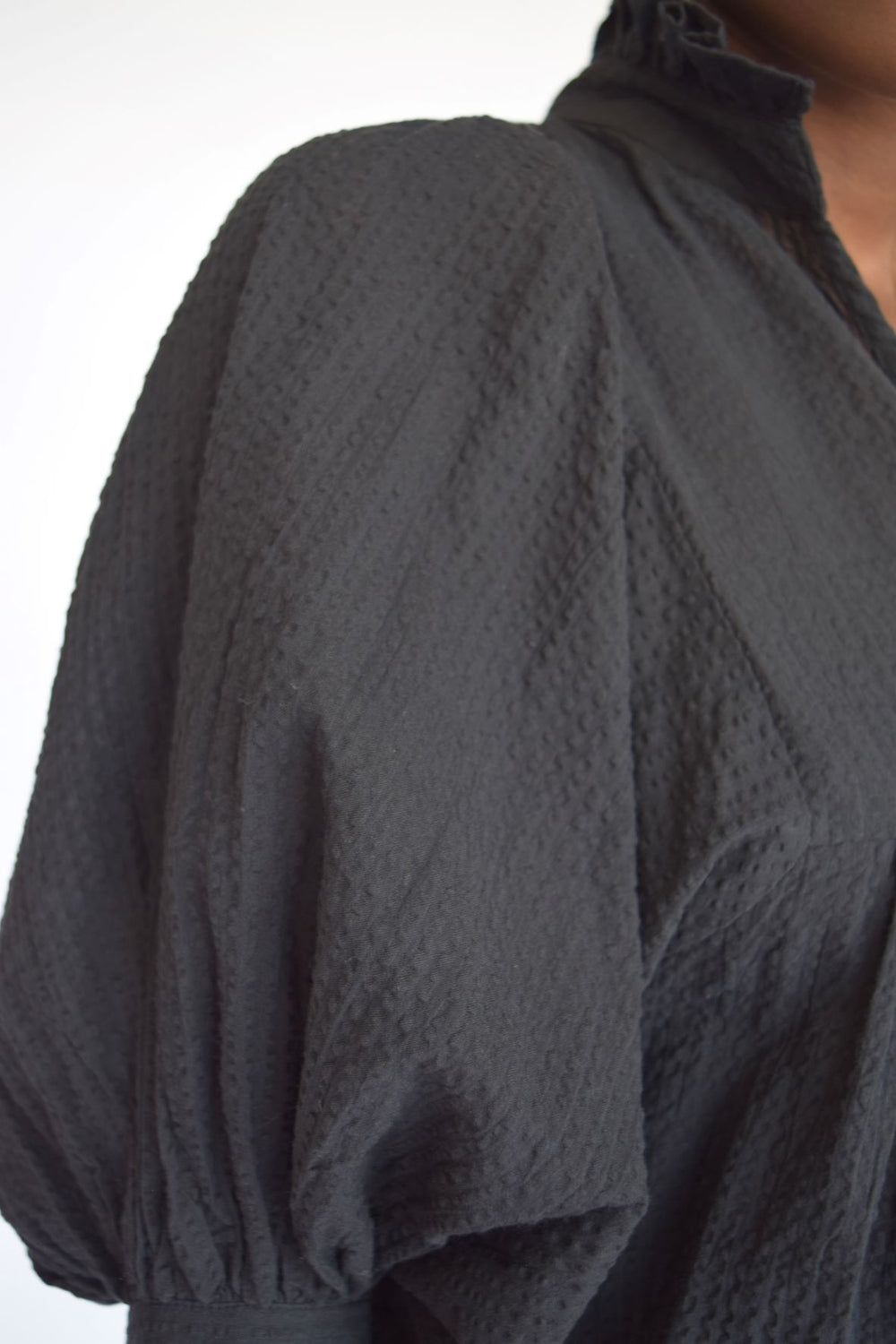 High Neck Dress Navy Seersucker