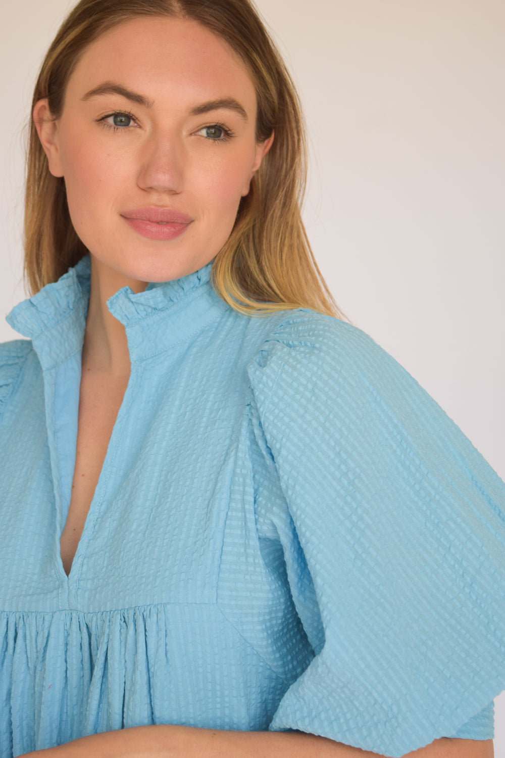 High Neck Dress Carolina Blue Seersucker