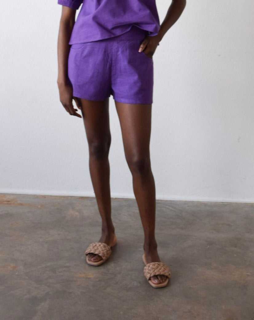 High Waist Shorts Purple Solid Cotton Cambric
