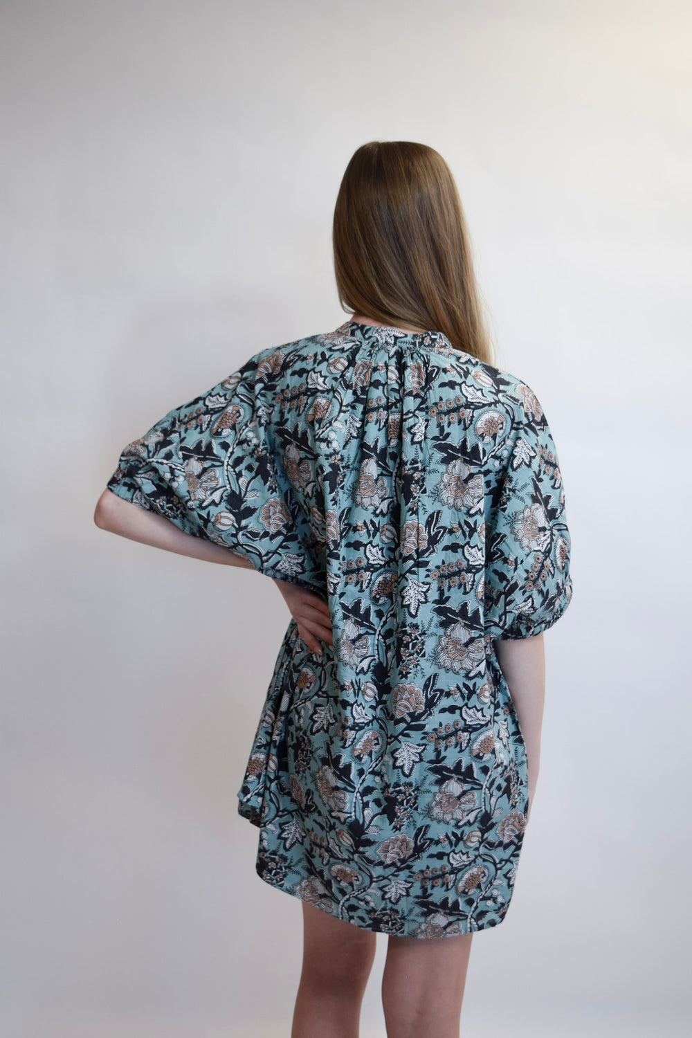 Elastic Sleeve Dress Blue Block Print