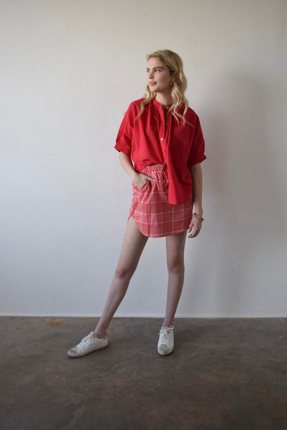 Elastic Sleeve Top Red Solid Cotton Cambric