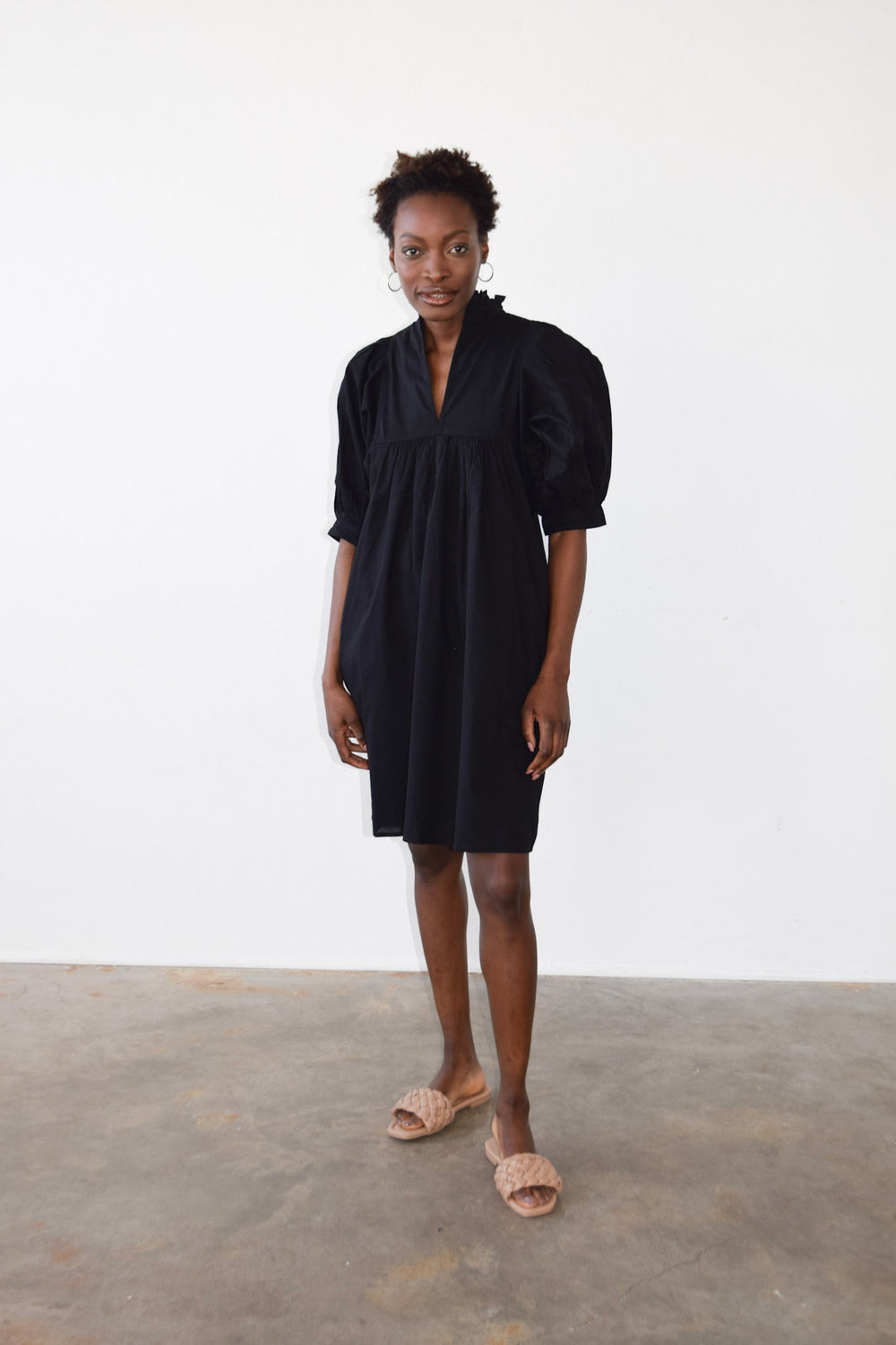 High Neck Dress Black Solid Cotton Cambric