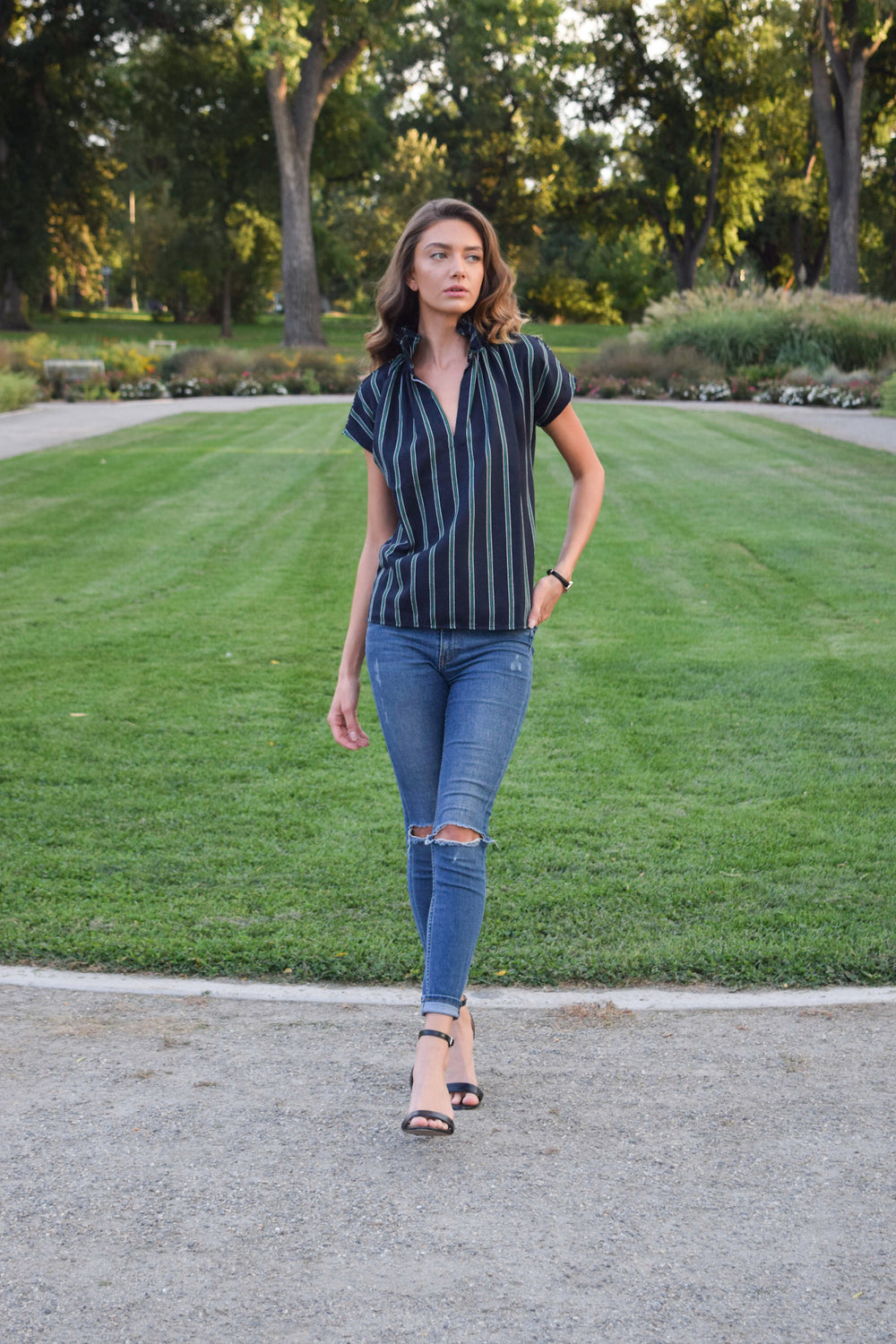 Navy/Green Stripe Vicki Short Sleeve Top