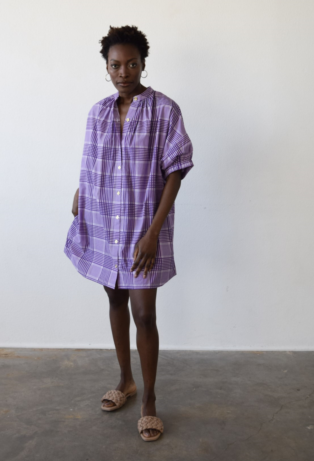 Elastic Sleeve Dress Purple Cotton Plaid