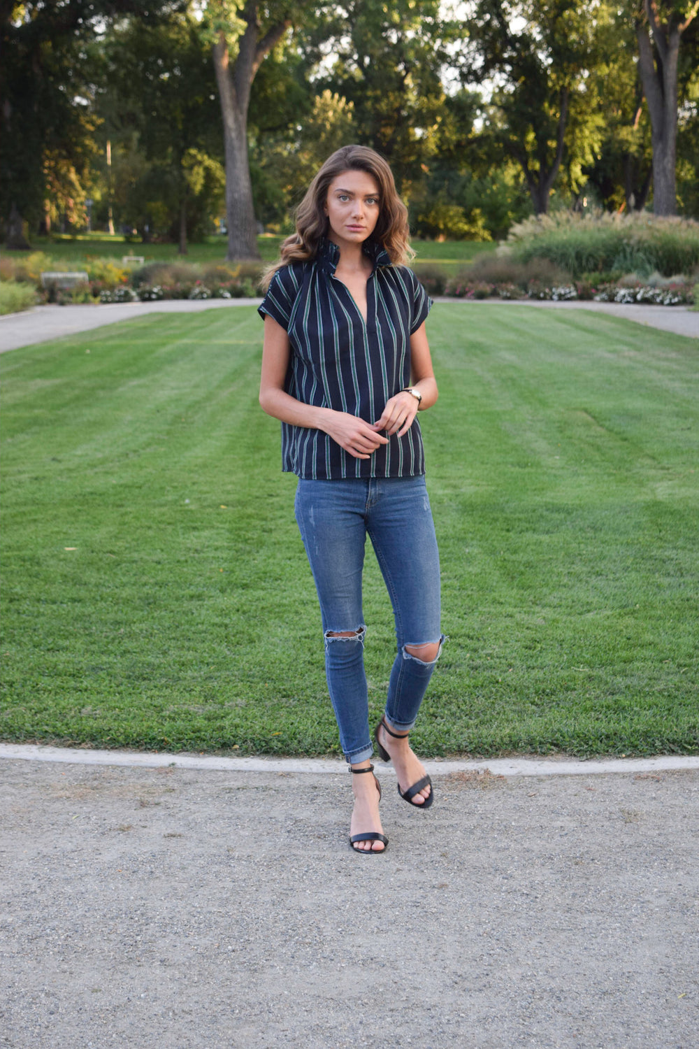 Navy/Green Stripe Vicki Short Sleeve Top