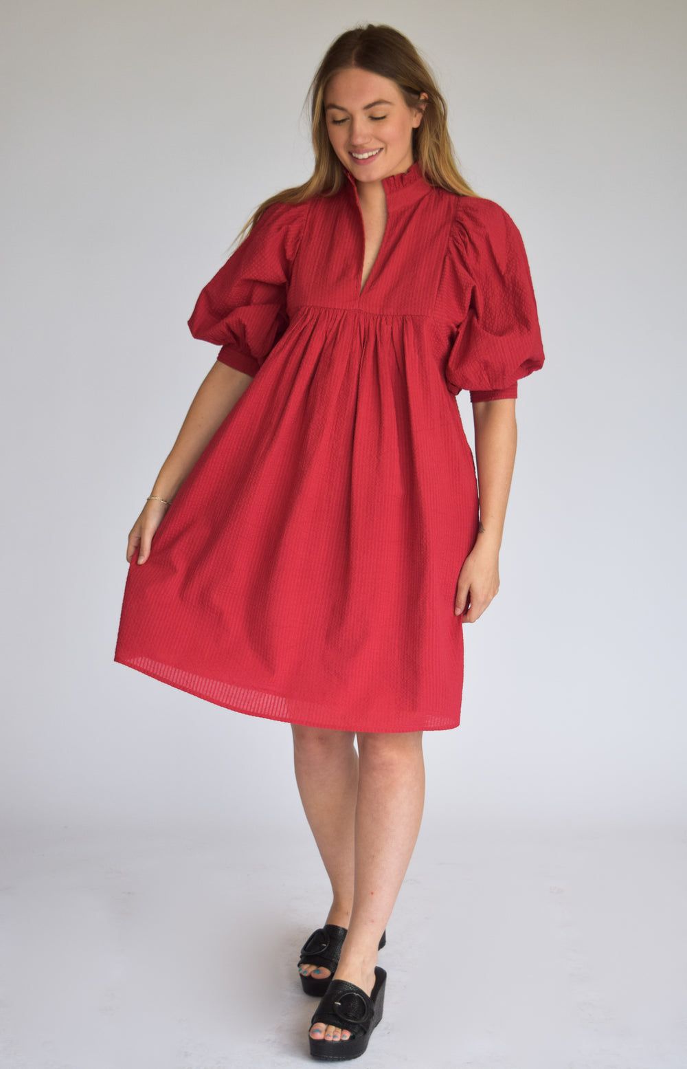 High Neck Dress Burgundy Waffle Cotton