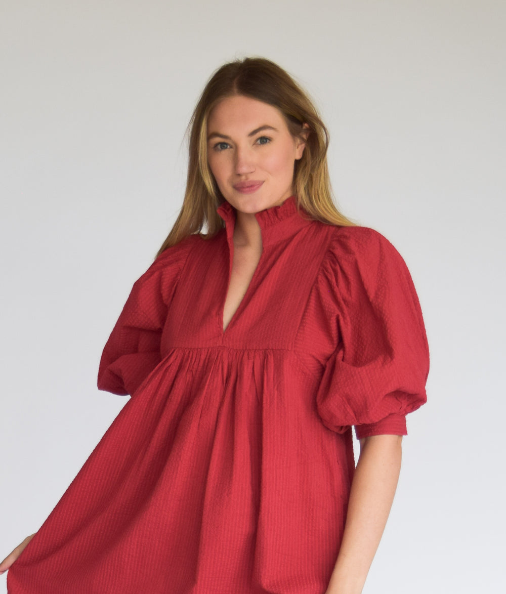 High Neck Dress Burgundy Waffle Cotton