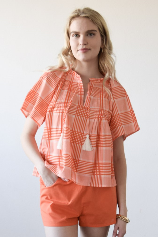 Peasant Top Fire Orange Cotton Plaid