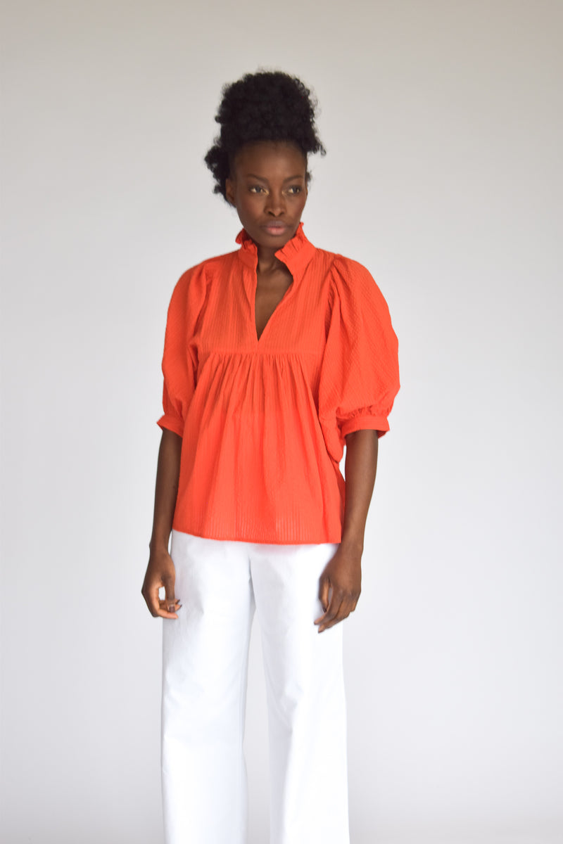 High Neck Top Fire Orange Seersucker