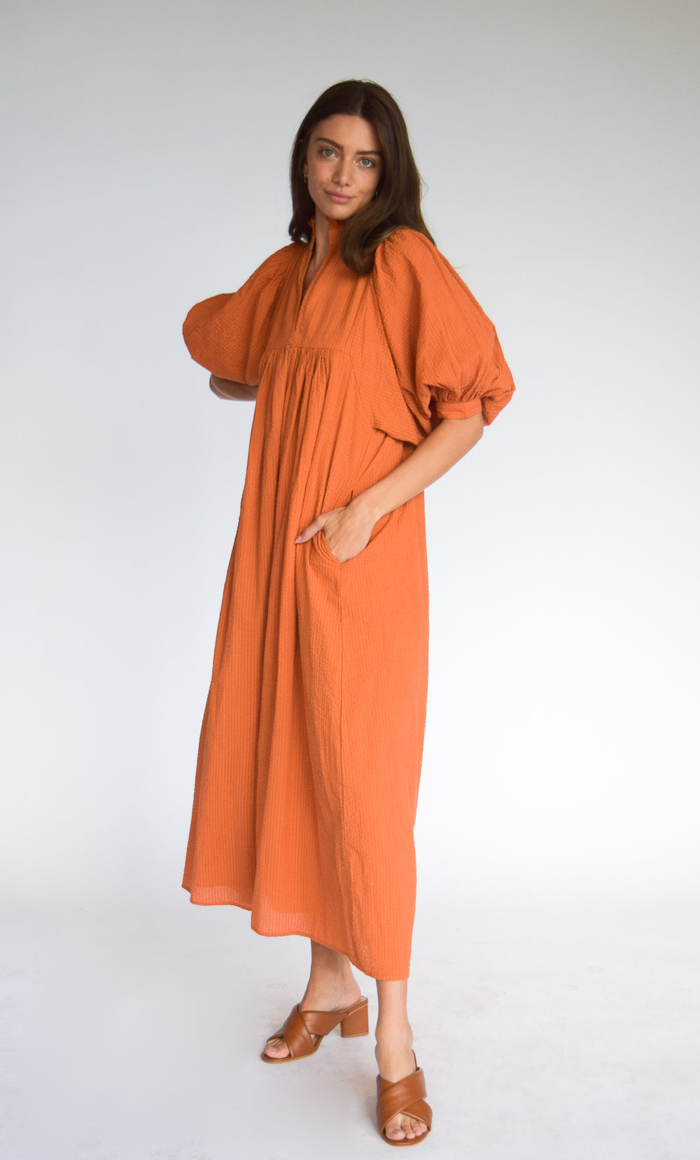 High Neck Midi Burnt Orange Seersucker