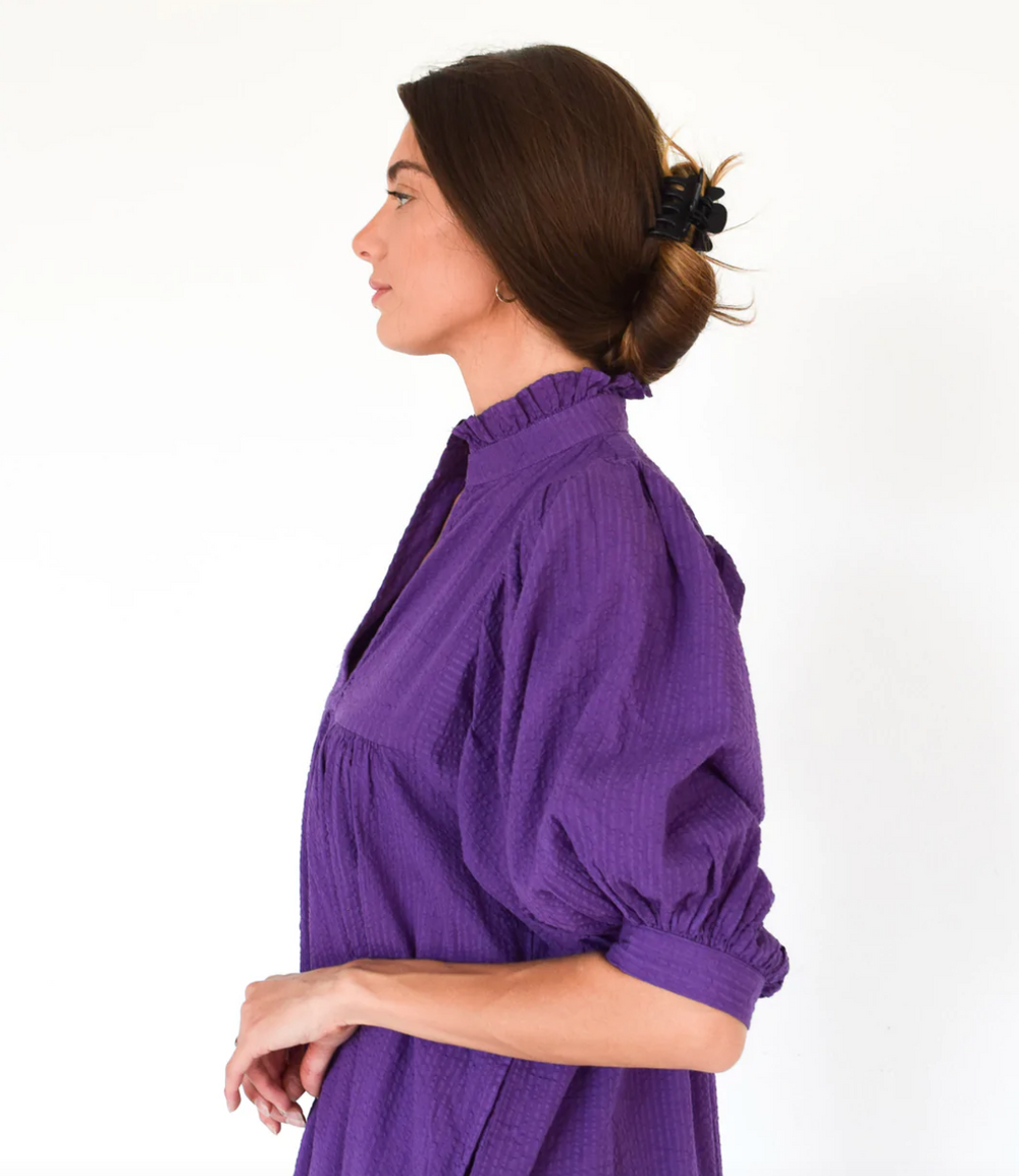 High Neck Top Purple Seersucker